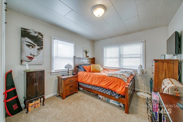 bedroom with light colored carpet