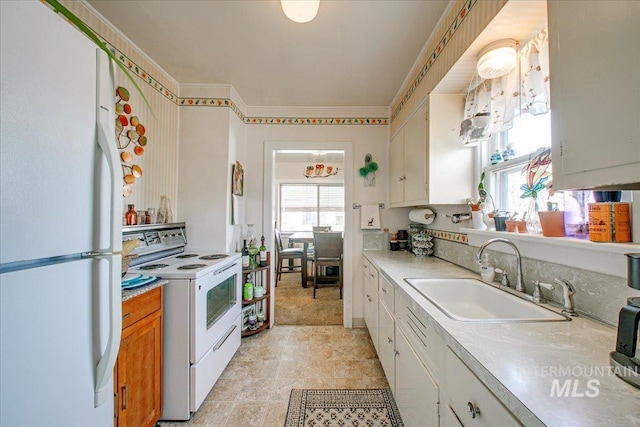 kitchen with white cabinets, white appliances, ornamental molding, and sink