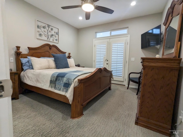 carpeted bedroom featuring ceiling fan and french doors