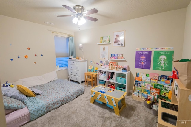 bedroom featuring carpet flooring and ceiling fan