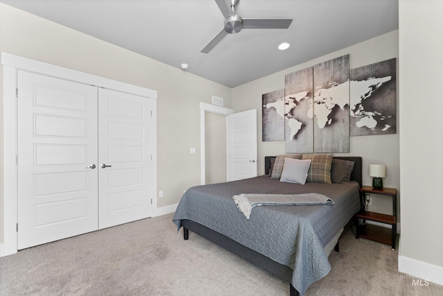 bedroom featuring carpet flooring, baseboards, a closet, ceiling fan, and recessed lighting