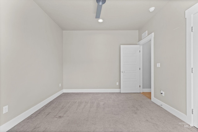 unfurnished room featuring carpet, ceiling fan, baseboards, and recessed lighting