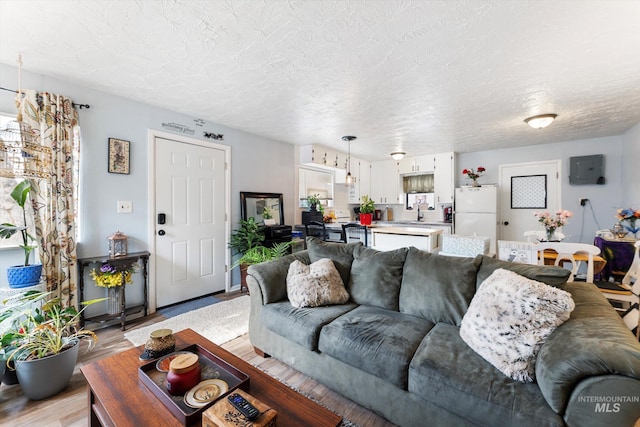 living room featuring light wood-type flooring and a textured ceiling