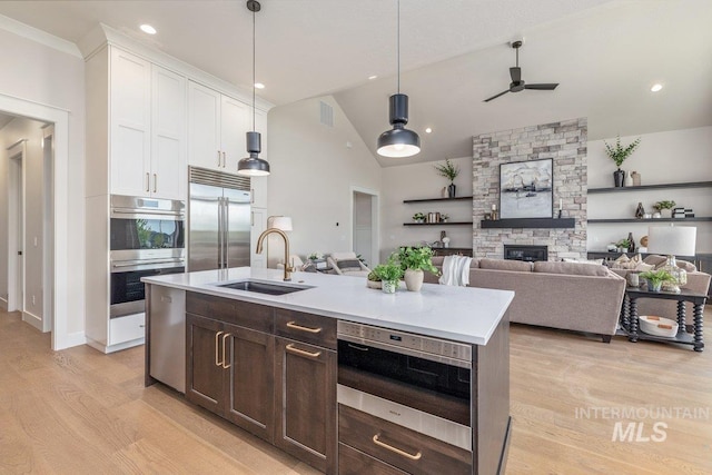 kitchen with appliances with stainless steel finishes, a sink, a stone fireplace, light wood-type flooring, and lofted ceiling