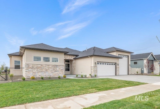 prairie-style house with stone siding, an attached garage, driveway, and stucco siding