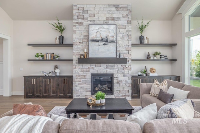 living room featuring wood finished floors, baseboards, and a fireplace