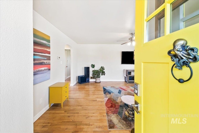 living room with ceiling fan and wood-type flooring