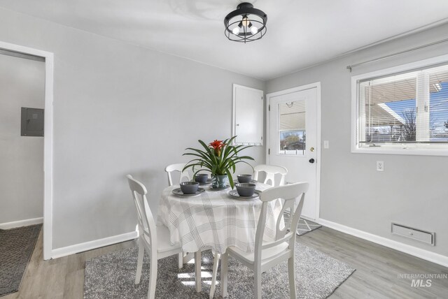 dining room featuring electric panel, wood finished floors, and baseboards