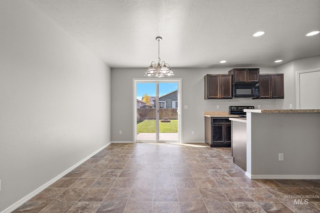 10619 Tysen Springs St, Nampa, ID 83687 - kitchen with black appliances, a chandelier, light countertops, dark brown cabinetry, and recessed lighting