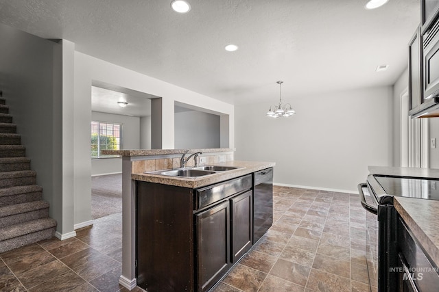 10619 Tysen Springs St, Nampa, ID 83687 - kitchen with a sink, dishwasher, dark brown cabinetry, baseboards, and a chandelier