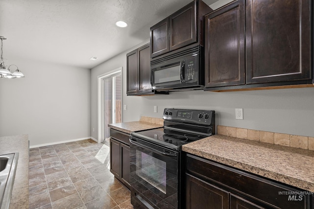 10619 Tysen Springs St, Nampa, ID 83687 - kitchen featuring black appliances, dark brown cabinetry, light countertops, pendant lighting, and recessed lighting
