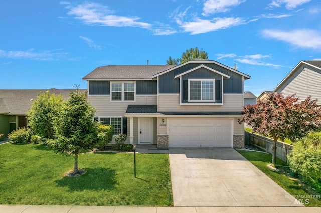 10619 Tysen Springs St, Nampa, ID 83687 - traditional-style home featuring board and batten siding, an attached garage, driveway, a shingled roof, and stone siding