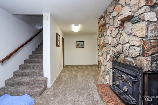 interior space with stairway and carpet floors