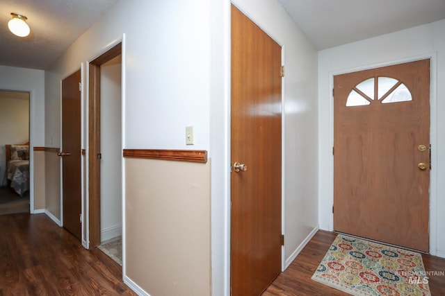 foyer with dark wood-type flooring and baseboards