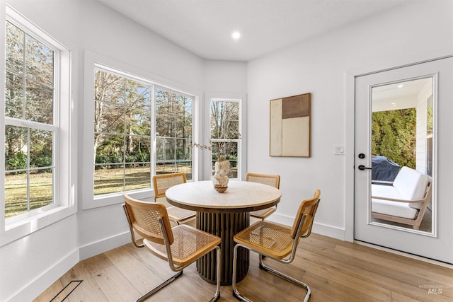 dining space with light hardwood / wood-style flooring