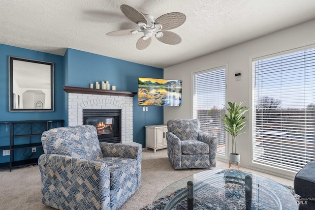 398 N Pebble Beach Way, Eagle, ID 83616 - carpeted living area with a textured ceiling, ceiling fan, and a brick fireplace