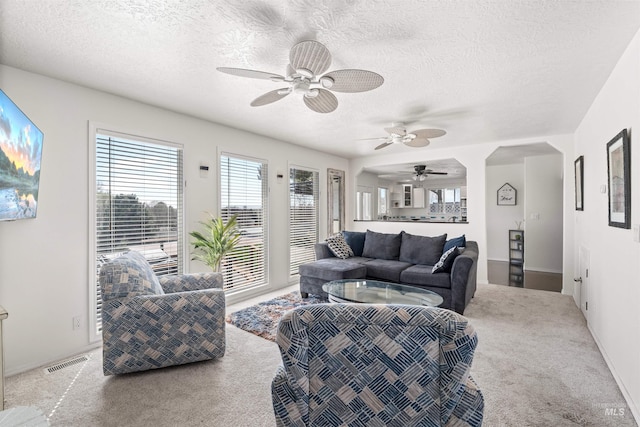 398 N Pebble Beach Way, Eagle, ID 83616 - carpeted living area featuring a ceiling fan, a textured ceiling, and baseboards