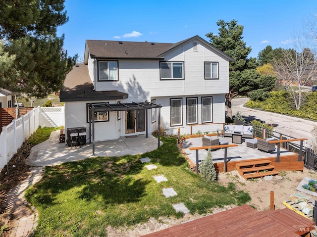 398 N Pebble Beach Way, Eagle, ID 83616 - back of house with an outdoor living space, a pergola, a deck, a patio area, and a shingled roof