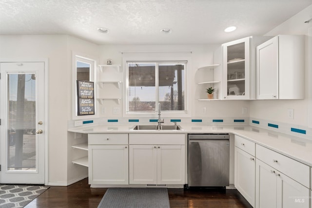 398 N Pebble Beach Way, Eagle, ID 83616 - kitchen featuring open shelves, stainless steel dishwasher, a sink, white cabinetry, and dark wood finished floors