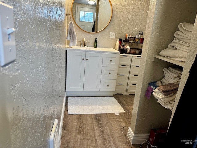 bathroom with hardwood / wood-style floors and vanity