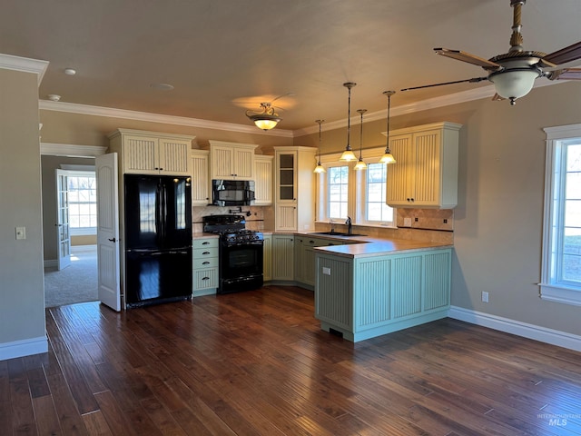 kitchen with tasteful backsplash, plenty of natural light, dark wood-style flooring, black appliances, and a sink