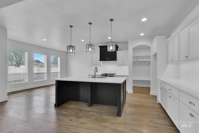 1734 Shoal Point Ave, Middleton, ID 83644 - kitchen featuring a sink, light countertops, an island with sink, and light wood-style flooring
