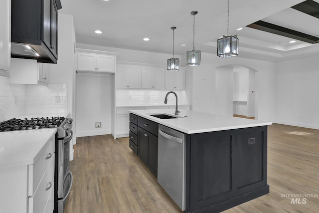 1734 Shoal Point Ave, Middleton, ID 83644 - kitchen with light wood-style floors, arched walkways, white cabinets, a sink, and stainless steel appliances