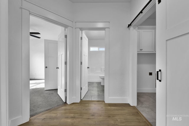 1734 Shoal Point Ave, Middleton, ID 83644 - corridor with baseboards, a barn door, and wood finished floors