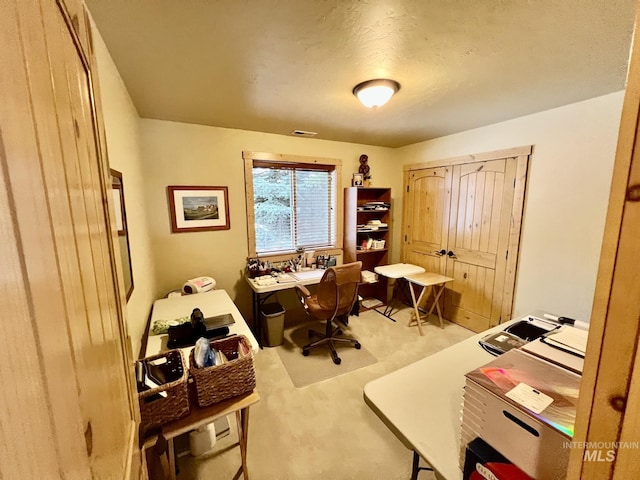 office with carpet flooring and a textured ceiling