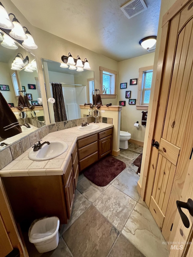 bathroom with vanity, toilet, and curtained shower