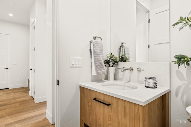 bathroom with hardwood / wood-style floors and vanity