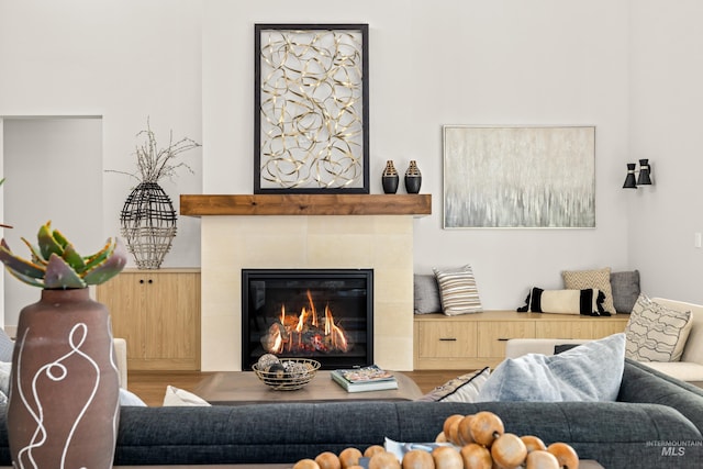 living room with wood-type flooring and a tiled fireplace