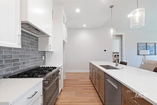 6874 N Fireball, Meridian, ID 83646 - kitchen featuring appliances with stainless steel finishes, a sink, light wood-type flooring, wall chimney range hood, and tasteful backsplash