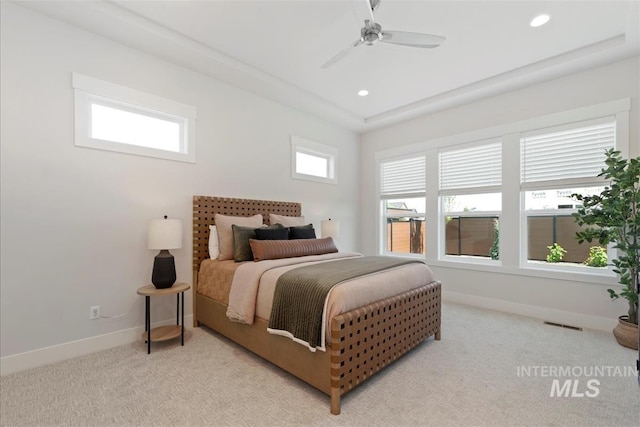 6874 N Fireball, Meridian, ID 83646 - bedroom featuring baseboards, light carpet, recessed lighting, and a ceiling fan