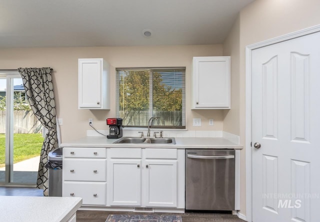 kitchen featuring white cabinetry, dishwasher, and sink