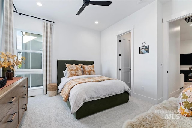carpeted bedroom with recessed lighting, a ceiling fan, and baseboards