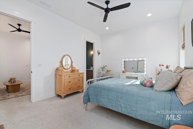 bedroom featuring carpet flooring, recessed lighting, a ceiling fan, and baseboards