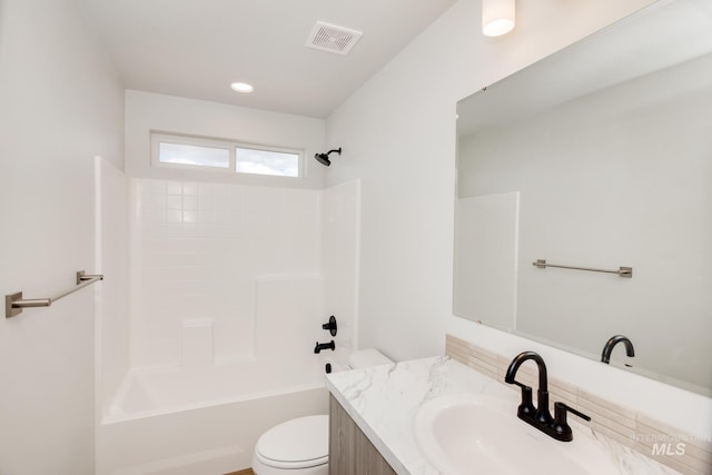 full bath with toilet, vanity, visible vents, and shower / bathing tub combination