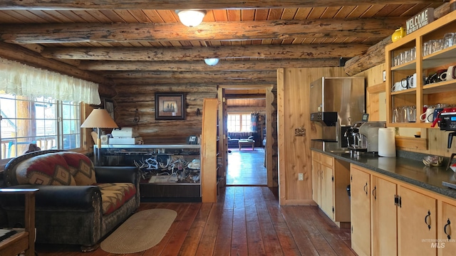 2742 Dixie Rd, Dixie, ID 83525 - interior space featuring dark hardwood / wood-style flooring, wood ceiling, log walls, and beamed ceiling
