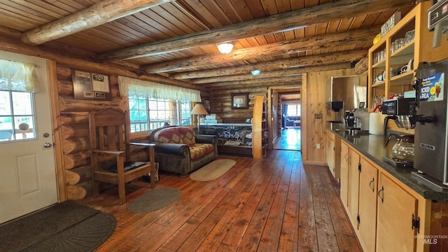 2742 Dixie Rd, Dixie, ID 83525 - living room with beamed ceiling, wooden ceiling, dark wood-type flooring, and log walls