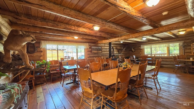2742 Dixie Rd, Dixie, ID 83525 - dining room featuring dark hardwood / wood-style flooring, rustic walls, beam ceiling, and wooden ceiling