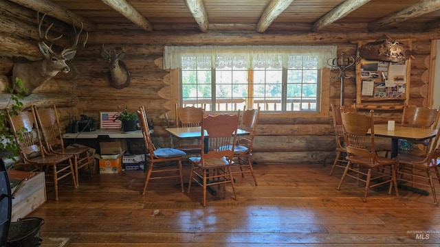 2742 Dixie Rd, Dixie, ID 83525 - dining room with beamed ceiling, dark hardwood / wood-style floors, log walls, and wooden ceiling
