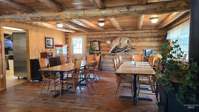 2742 Dixie Rd, Dixie, ID 83525 - dining room featuring dark hardwood / wood-style flooring, log walls, beam ceiling, and wooden ceiling