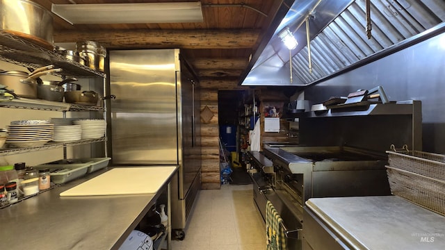 2742 Dixie Rd, Dixie, ID 83525 - kitchen with stainless steel fridge, beam ceiling, rustic walls, and wooden ceiling