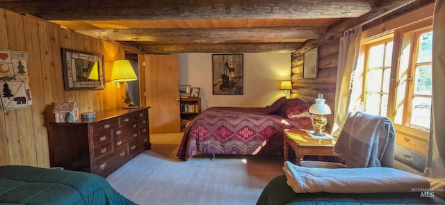 2742 Dixie Rd, Dixie, ID 83525 - carpeted bedroom featuring multiple windows, wooden ceiling, log walls, and beamed ceiling