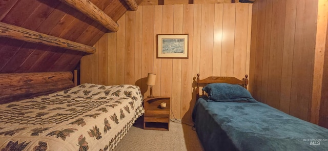 2742 Dixie Rd, Dixie, ID 83525 - carpeted bedroom featuring wooden walls, lofted ceiling with beams, and wooden ceiling