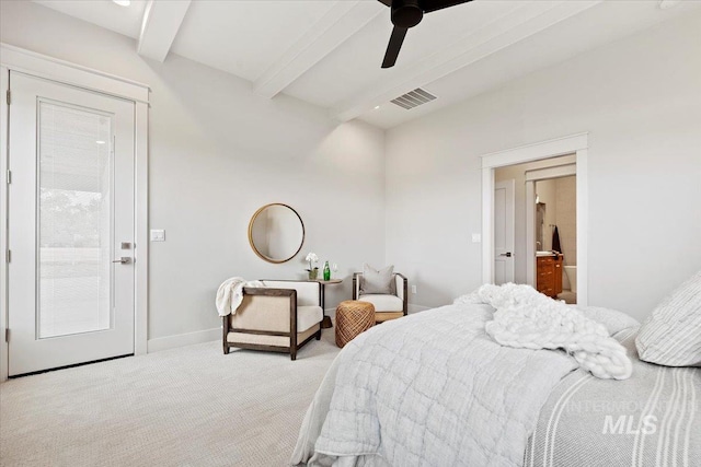 bedroom featuring connected bathroom, beam ceiling, ceiling fan, and carpet floors