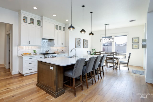 kitchen with decorative backsplash, custom exhaust hood, light wood-type flooring, and a sink