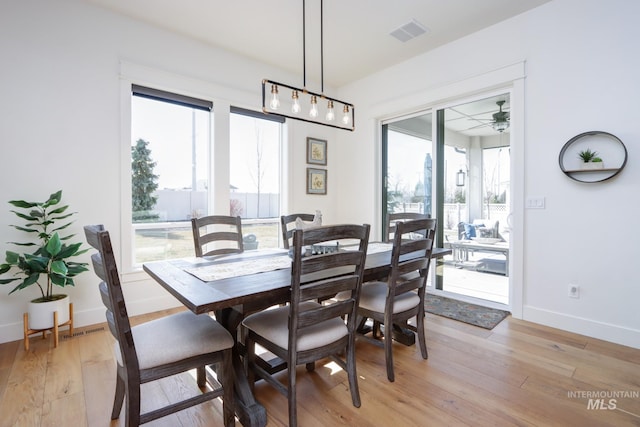 dining space featuring a ceiling fan, light wood-style flooring, baseboards, and visible vents