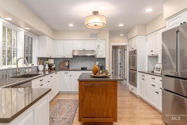 1919 N 21st St, Boise, ID 83702 - kitchen featuring appliances with stainless steel finishes, a sink, dark countertops, decorative backsplash, and light wood-style floors